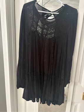 Free People Black Eyelet Lace Peasant Blouse